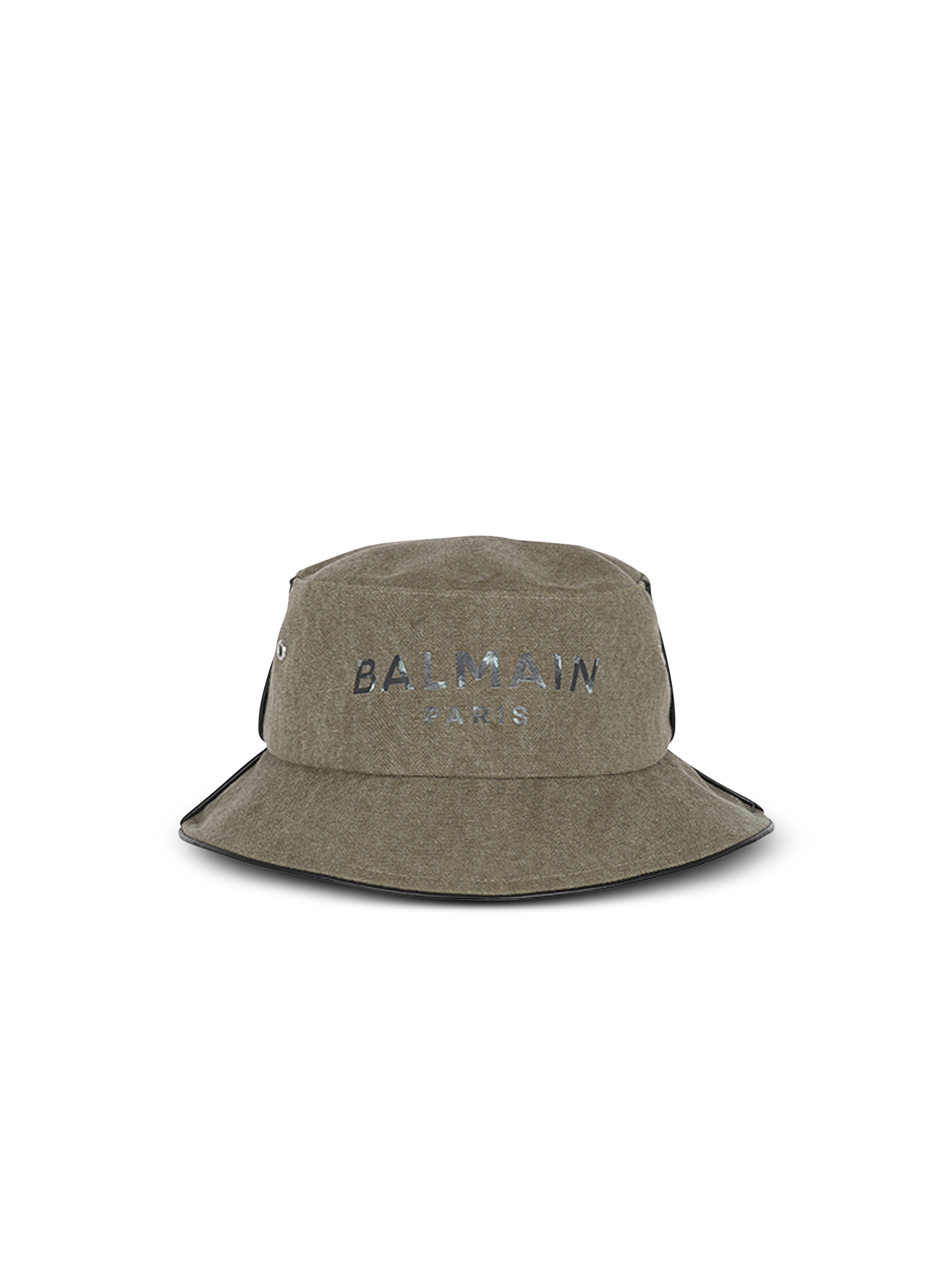 Cotton canvas bucket hat with Balmain Paris logo, khaki