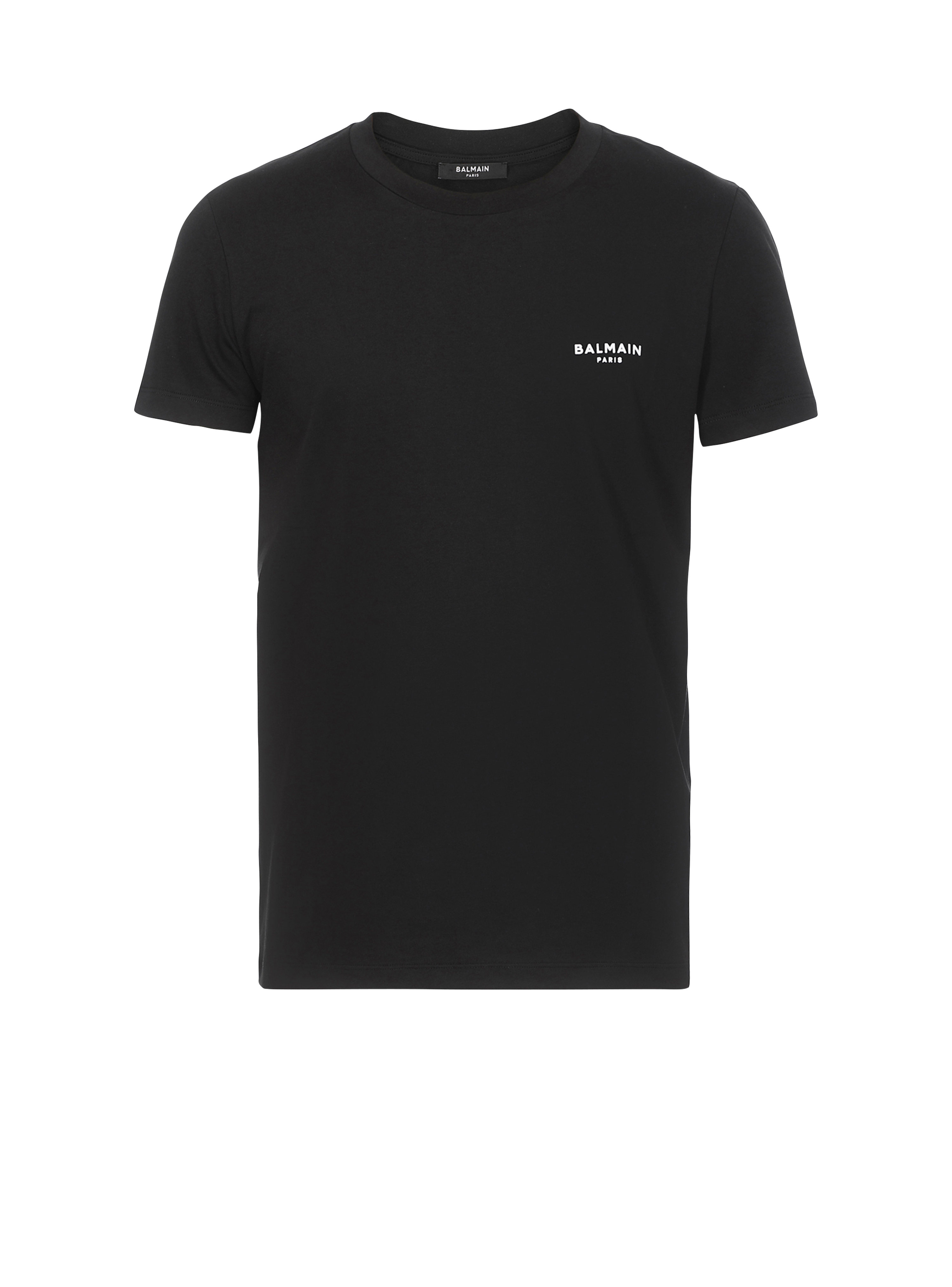 Eco-designed cotton T-shirt with small flocked Balmain Paris logo, black
