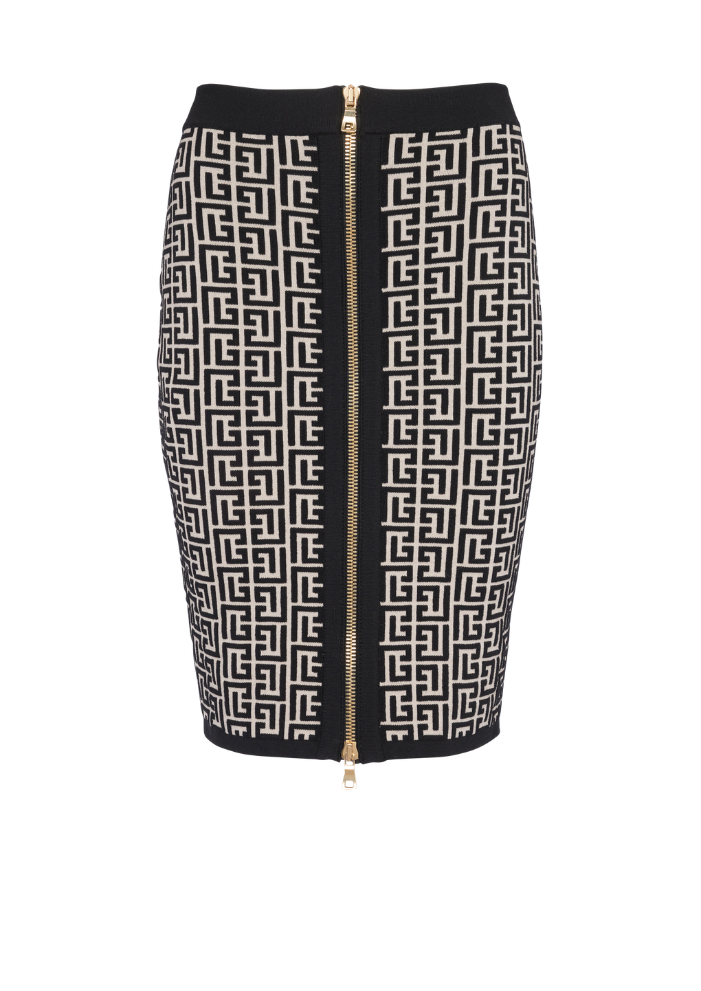 Mid-length knit skirt with Balmain monogram, black, hi-res