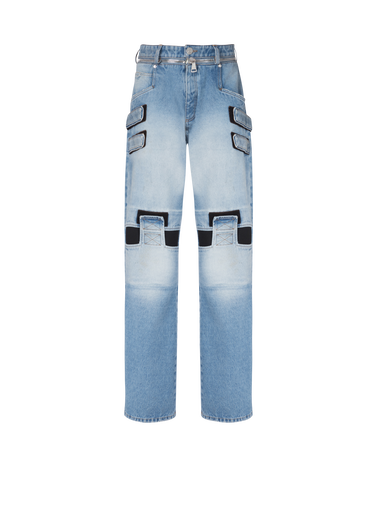 Faded wide-leg cotton jeans with Velcro strips