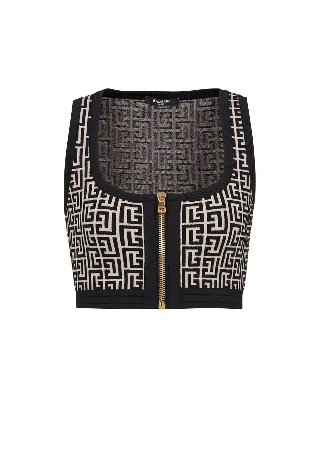 Cropped bicolor knit sports bra top with Balmain monogram, black, hi-res