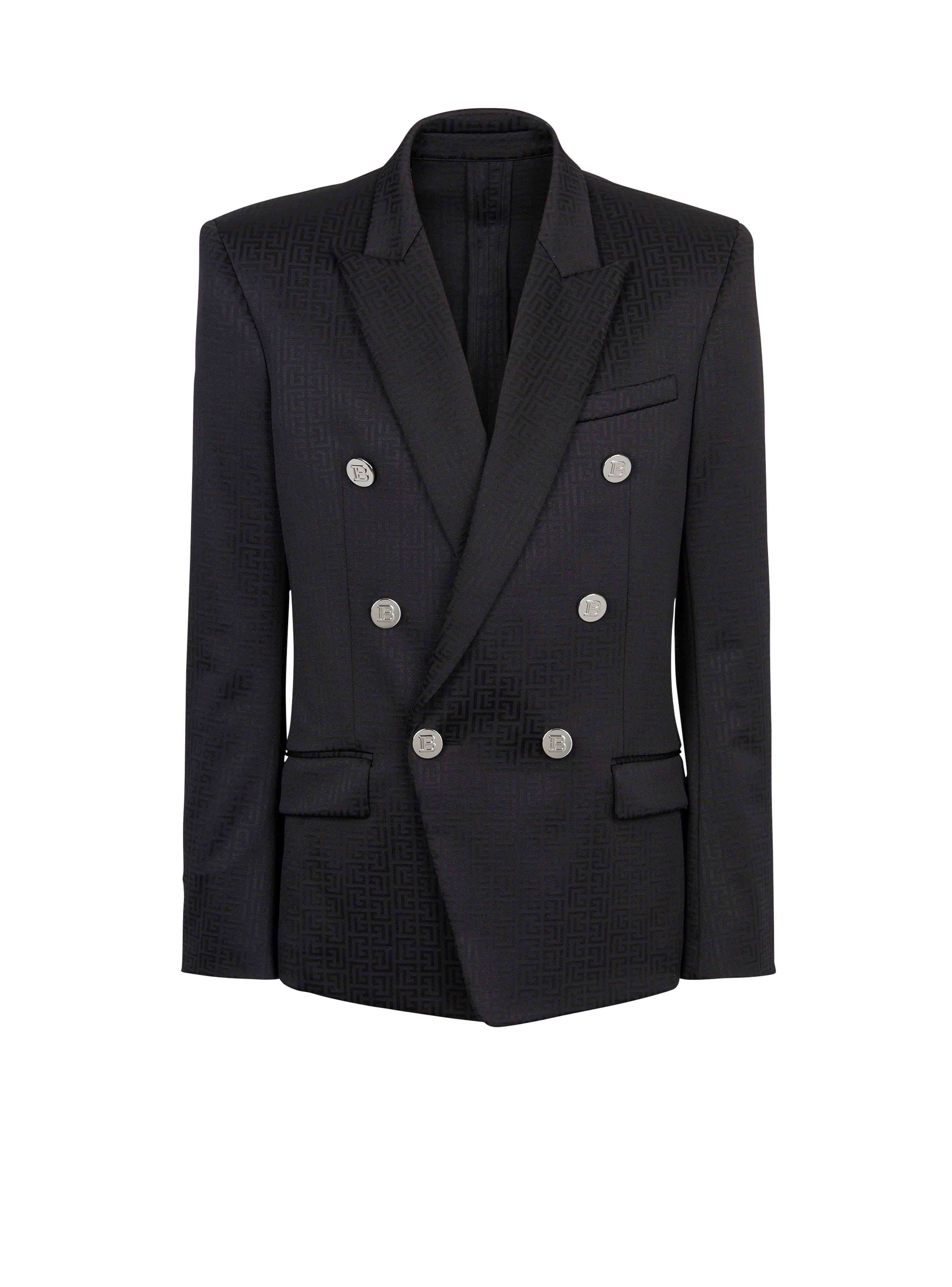 Jersey double-breasted blazer with Balmain monogram print, black